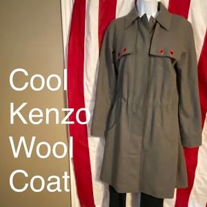 KENZO Paris Unisex Sz 40 Khaki Green Red Trim Wool Trench Coat